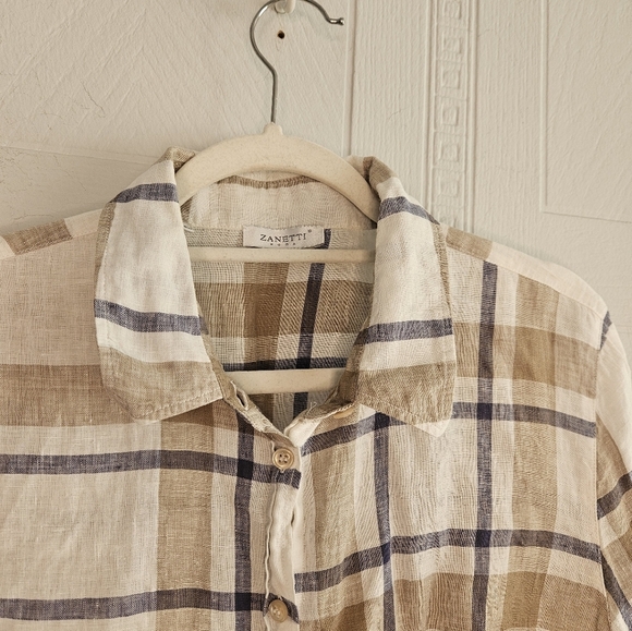 Zanetti Womens Cream Tan Blue Plaid Long Roll Tab Sleeve Linen Blouse Size XXXL - Picture 3 of 12